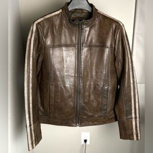 Brown cafe Racer Leather Jacket with white Stripes